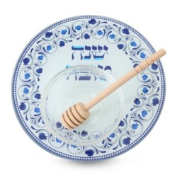 Glass Rosh Hashanah Honey Dish Set - Pomegranates (Blue)