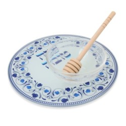 Glass Rosh Hashanah Honey Dish Set - Pomegranates (Blue)
