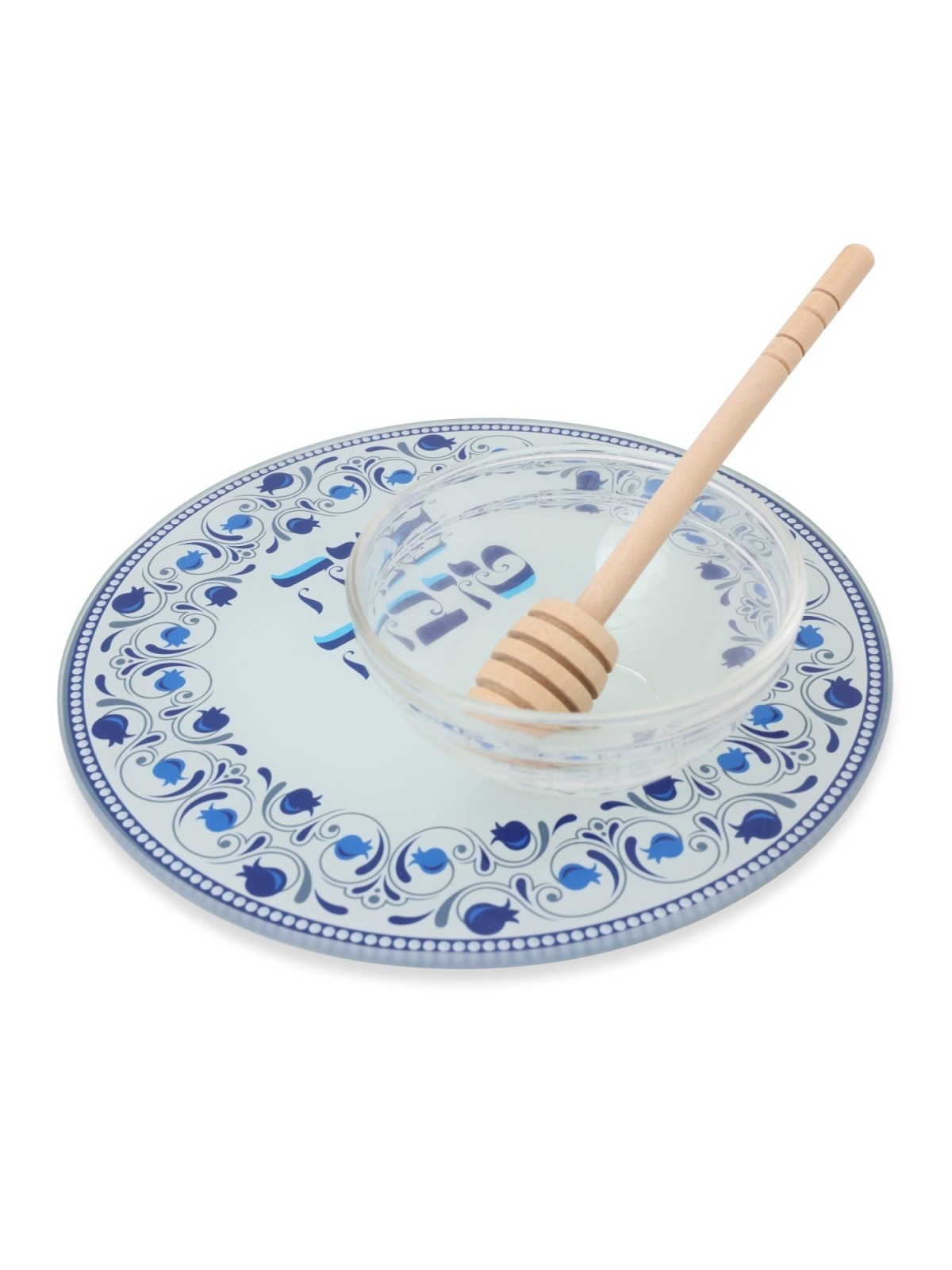 Glass Rosh Hashanah Honey Dish Set - Pomegranates (Blue)