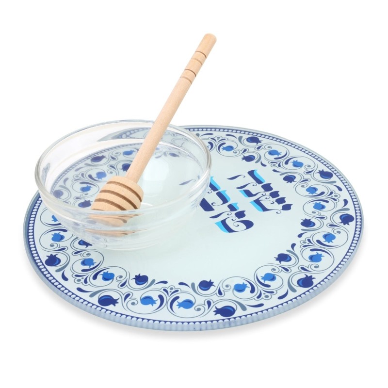 Glass Rosh Hashanah Honey Dish Set - Pomegranates (Blue)
