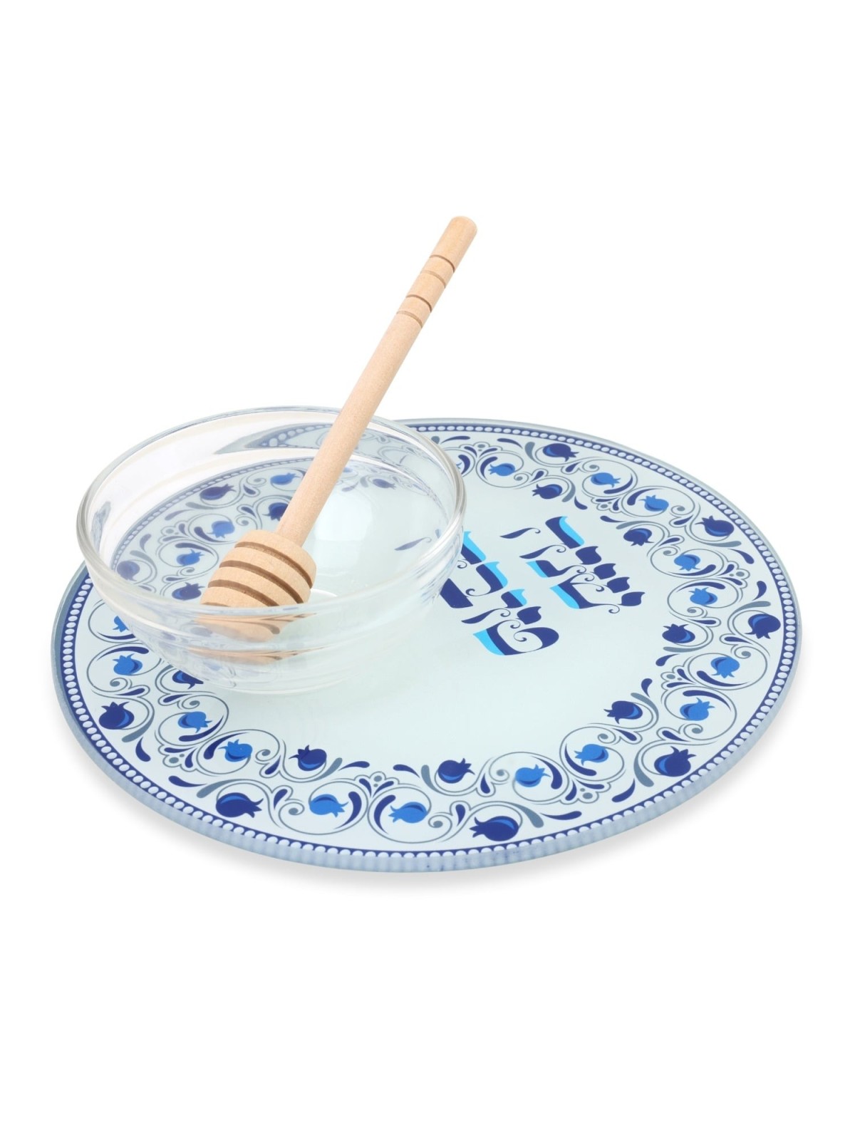 Glass Rosh Hashanah Honey Dish Set - Pomegranates (Blue)