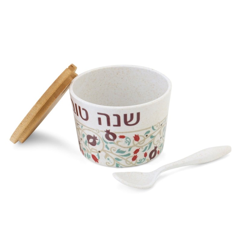Bamboo Rosh Hashanah Honey Dish with Pomegranate Design