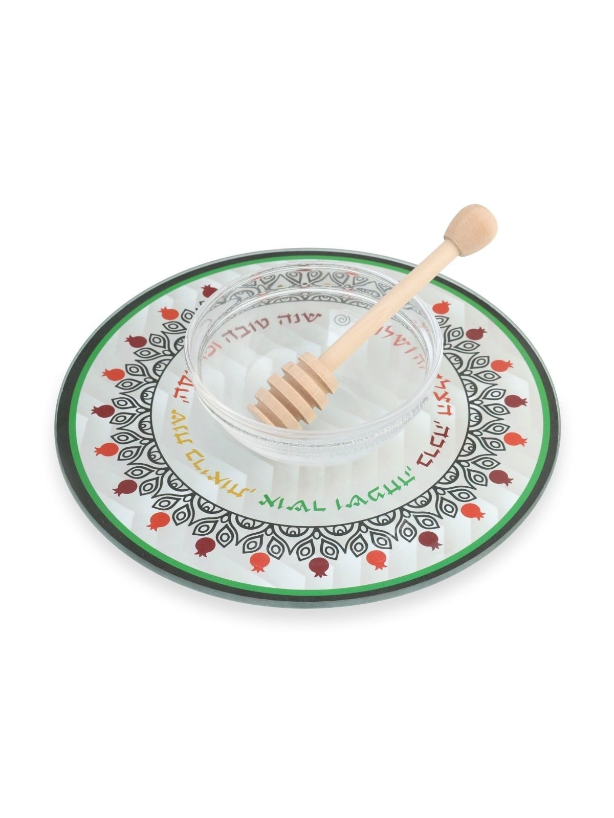 Lily Art Glass Rosh Hashanah Honey Dish & Wooden Honey Spoon - Leafy P
