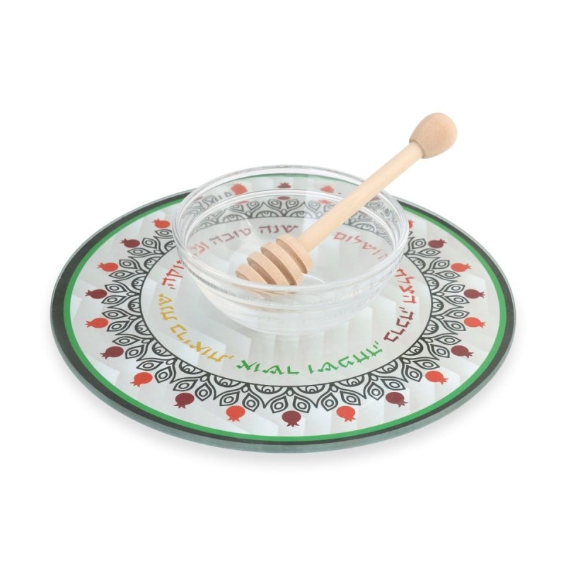 Lily Art Glass Rosh Hashanah Honey Dish & Wooden Honey Spoon - Leafy P