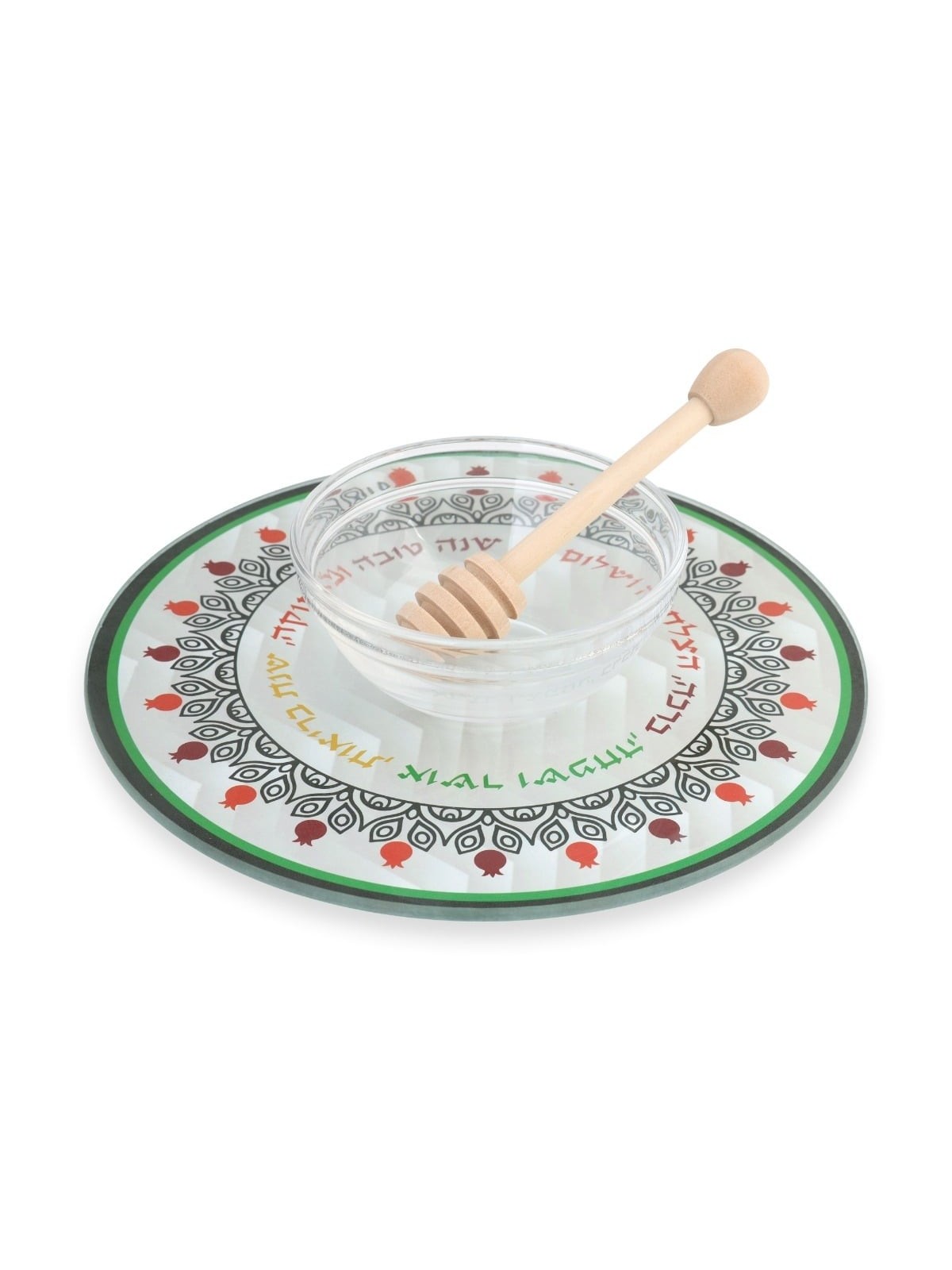 Lily Art Glass Rosh Hashanah Honey Dish & Wooden Honey Spoon - Leafy P