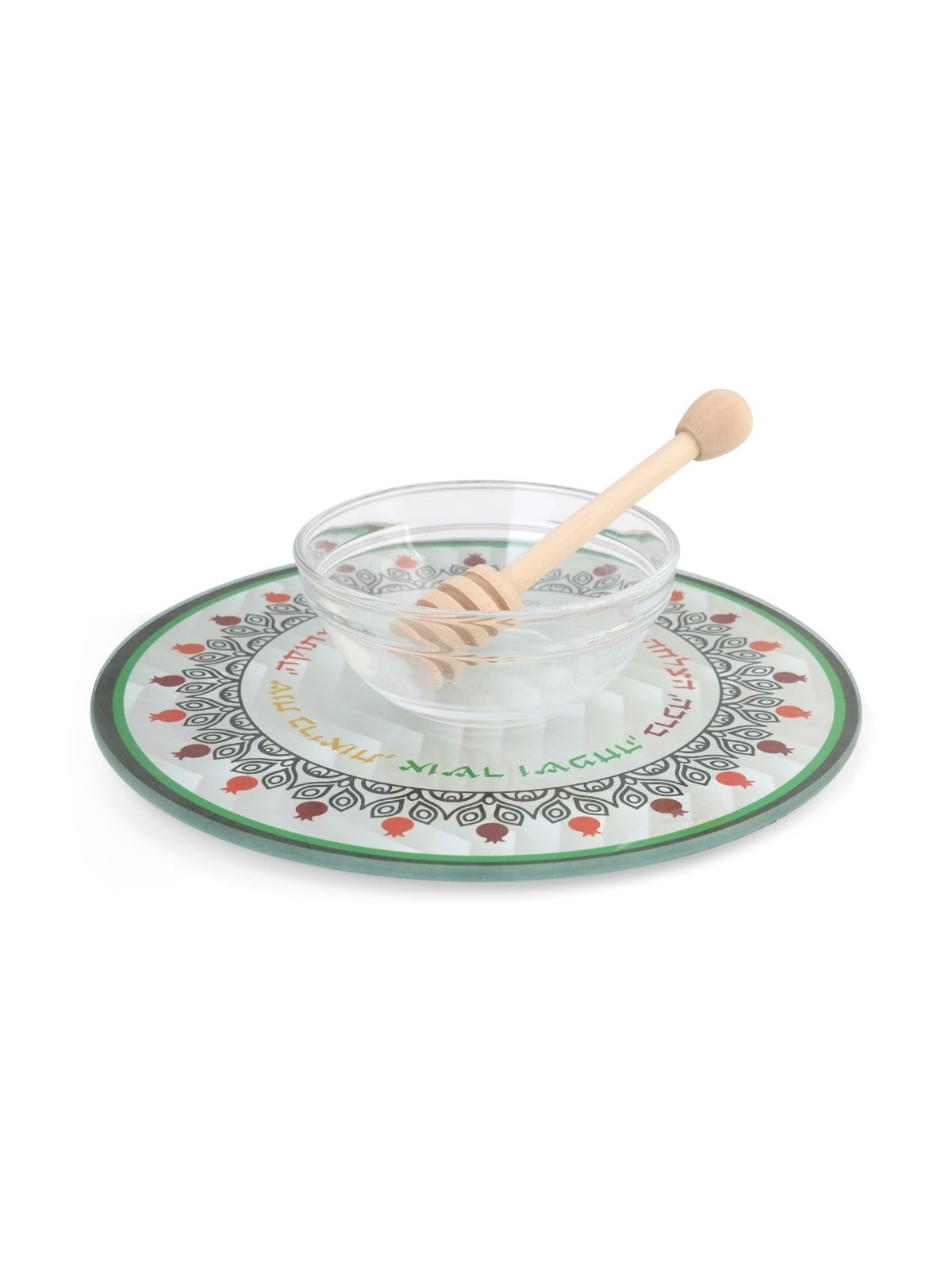 Lily Art Glass Rosh Hashanah Honey Dish & Wooden Honey Spoon - Leafy P