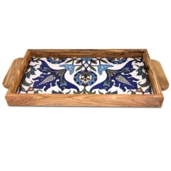 Colorful Flowers: Olive Wood & Armenian Ceramic Serving Tray