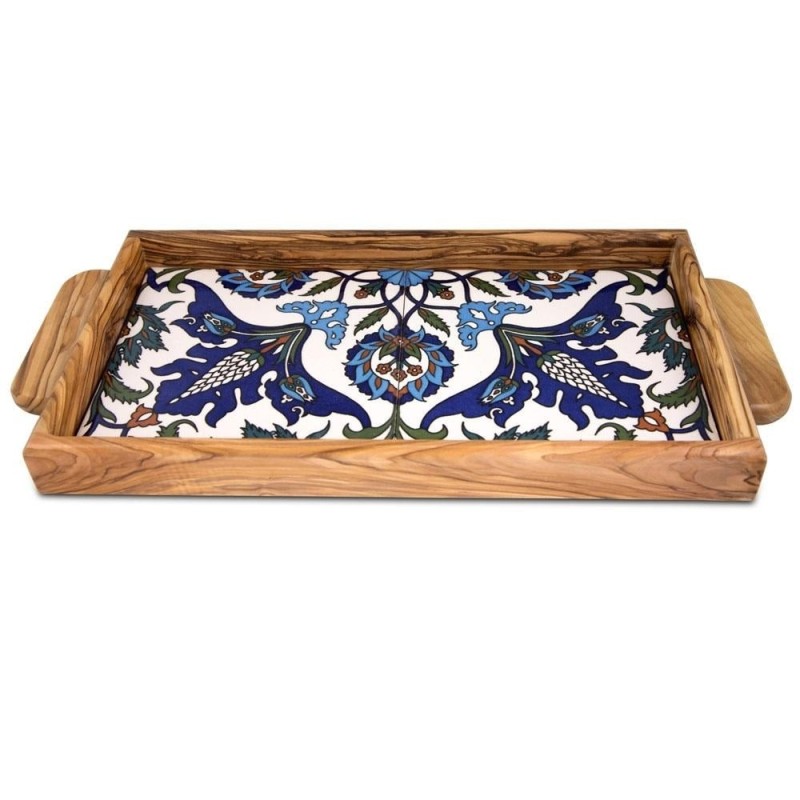 Colorful Flowers: Olive Wood & Armenian Ceramic Serving Tray