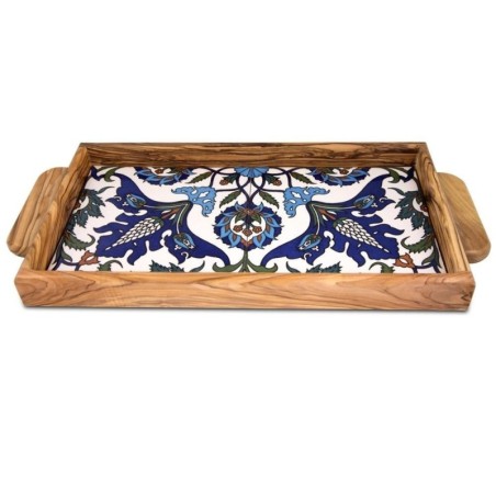 Colorful Flowers: Olive Wood & Armenian Ceramic Serving Tray