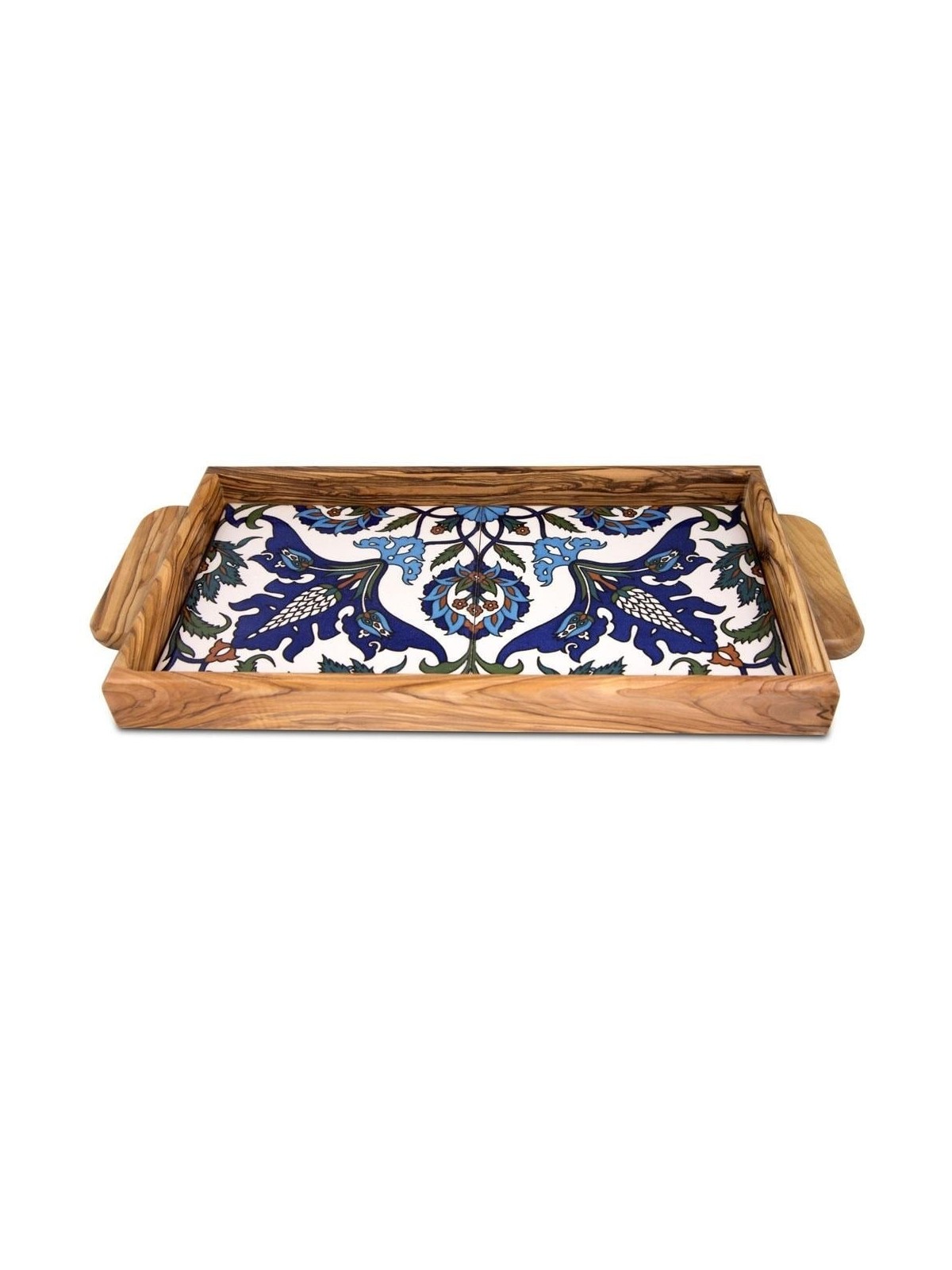 Colorful Flowers: Olive Wood & Armenian Ceramic Serving Tray