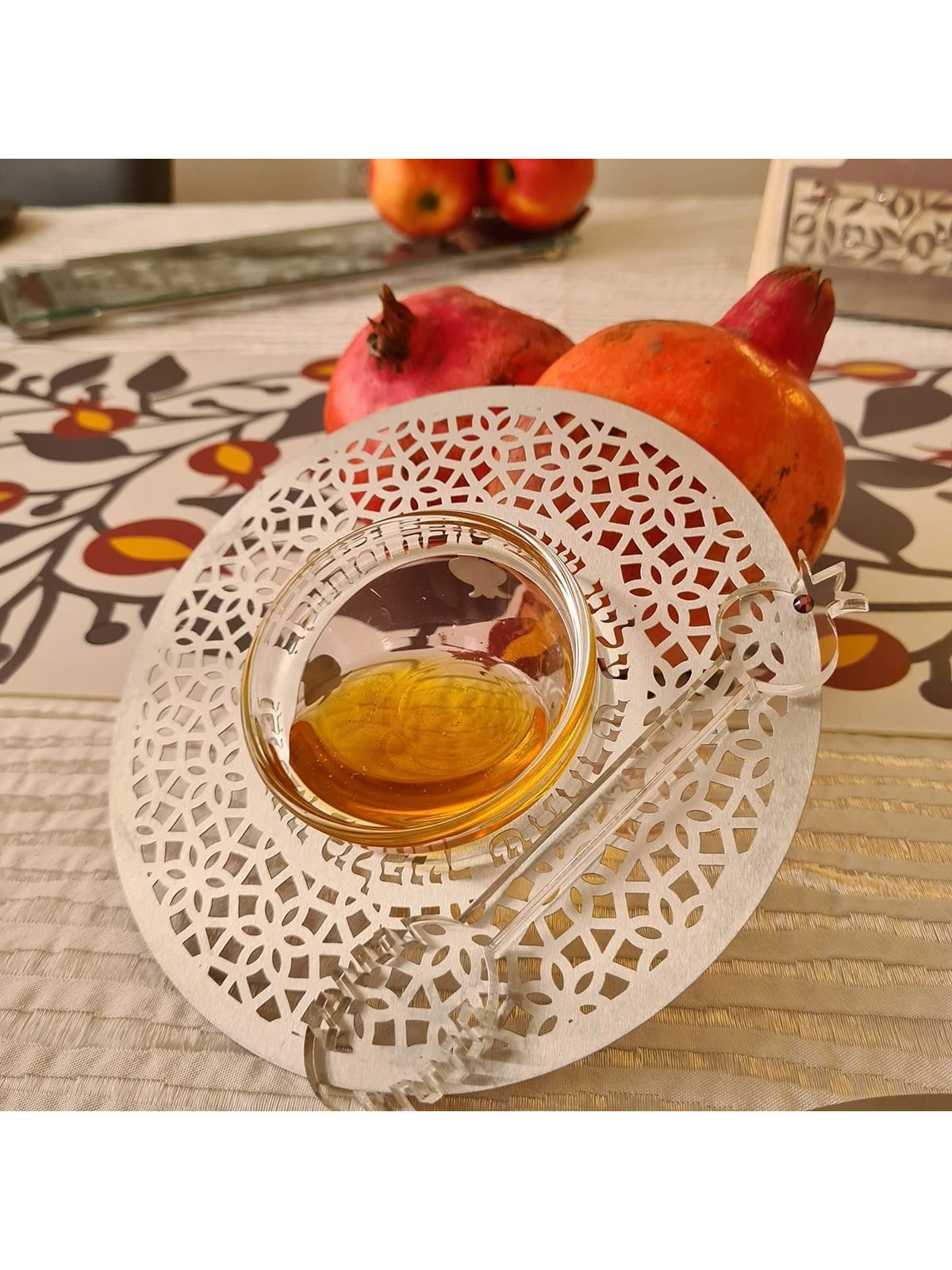 Dorit Judaica Stainless Steel & Glass Honey Dish for Rosh Hashanah- Mo