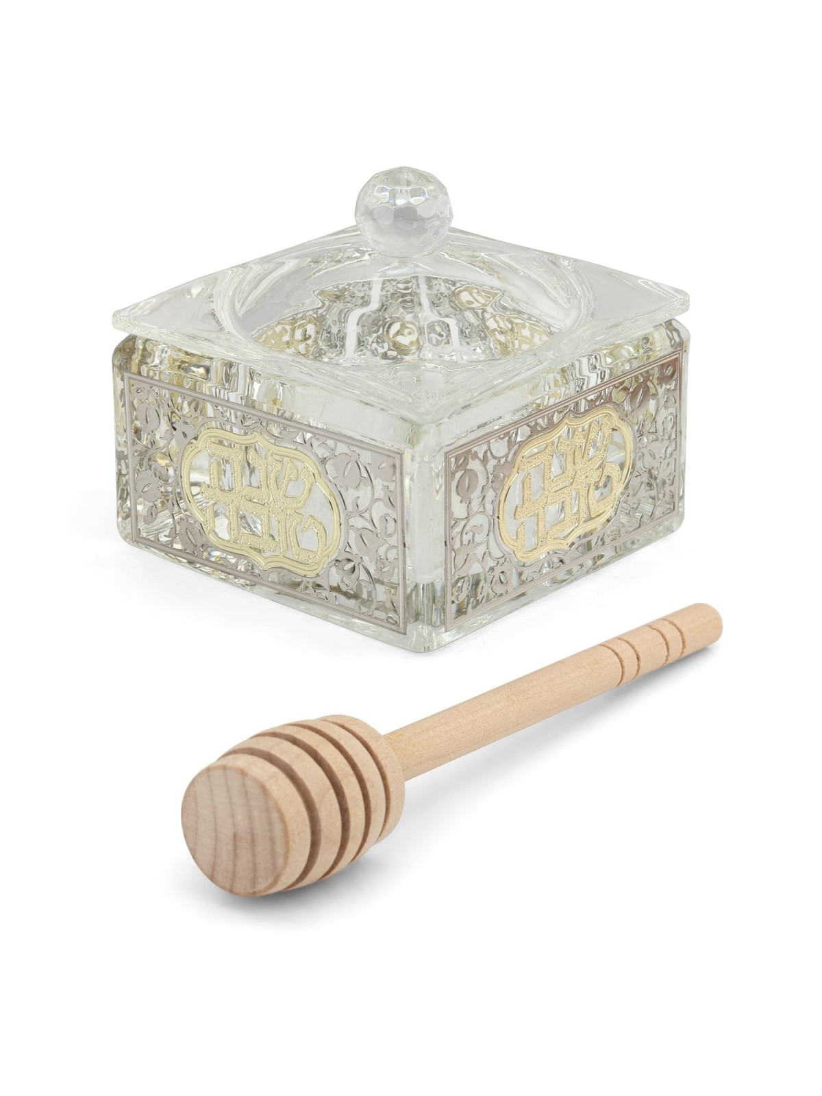 Square Crystal Honey Dish with Pomegranate Design