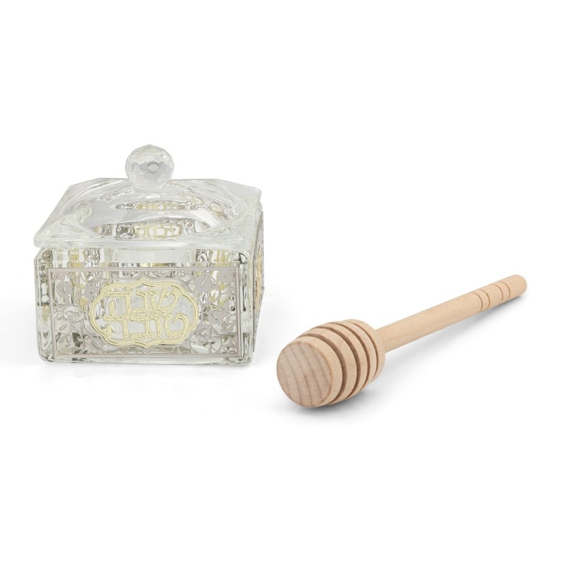 Square Crystal Honey Dish with Pomegranate Design