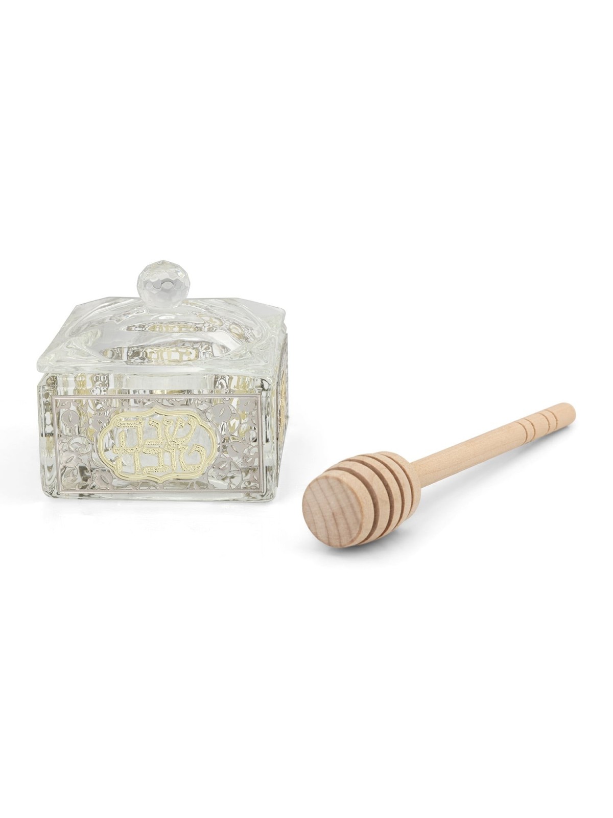 Square Crystal Honey Dish with Pomegranate Design