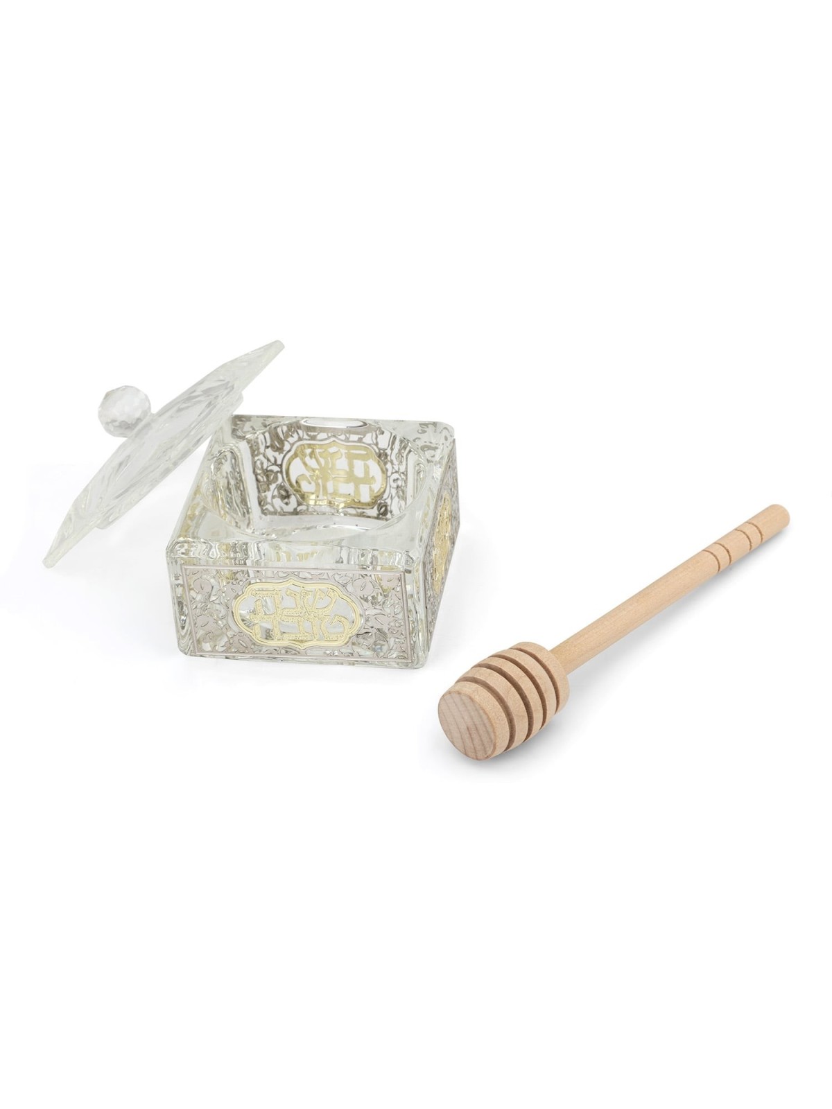 Square Crystal Honey Dish with Pomegranate Design