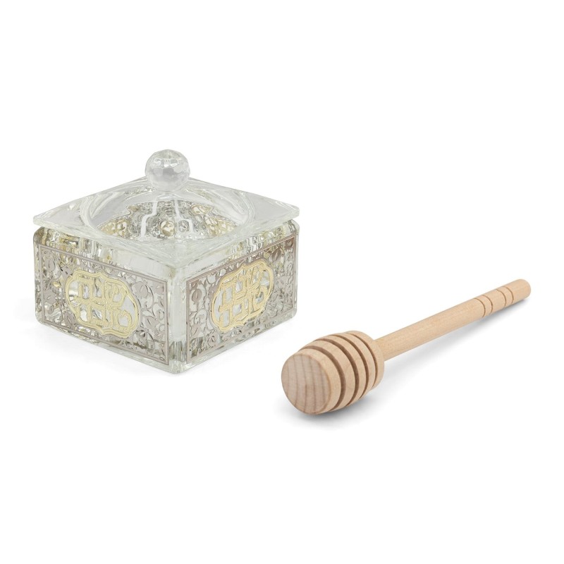 Square Crystal Honey Dish with Pomegranate Design