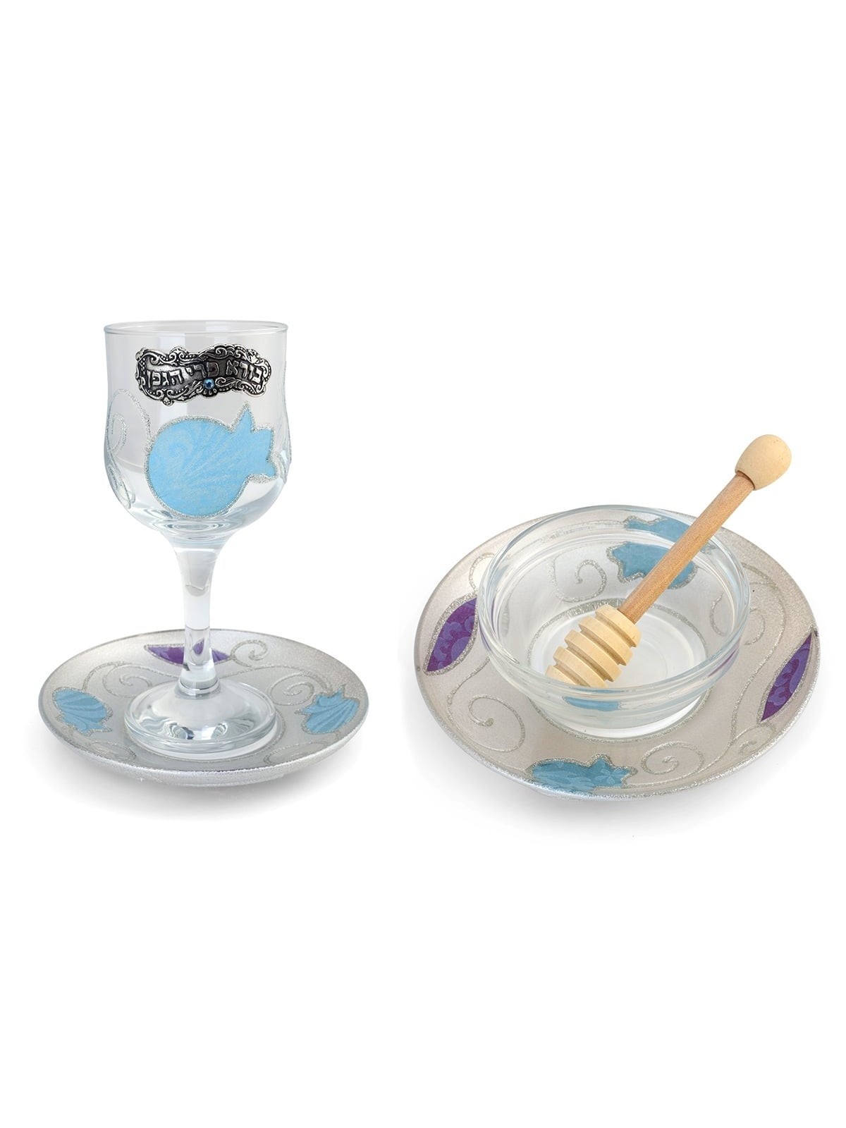Lily Art Glass Rosh Hashanah Set - Blue & Purple Pomegranate Design