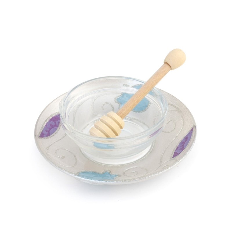 Lily Art Glass Rosh Hashanah Set - Blue & Purple Pomegranate Design