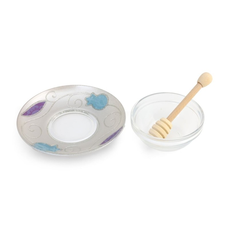 Lily Art Glass Rosh Hashanah Set - Blue & Purple Pomegranate Design