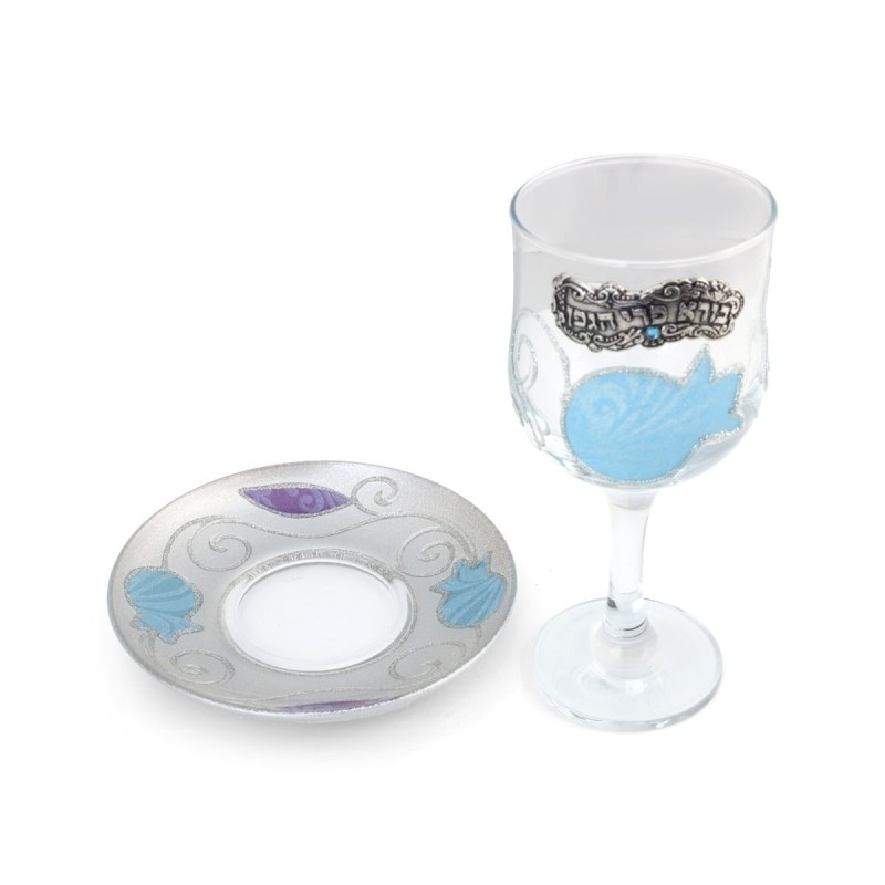 Lily Art Glass Rosh Hashanah Set - Blue & Purple Pomegranate Design
