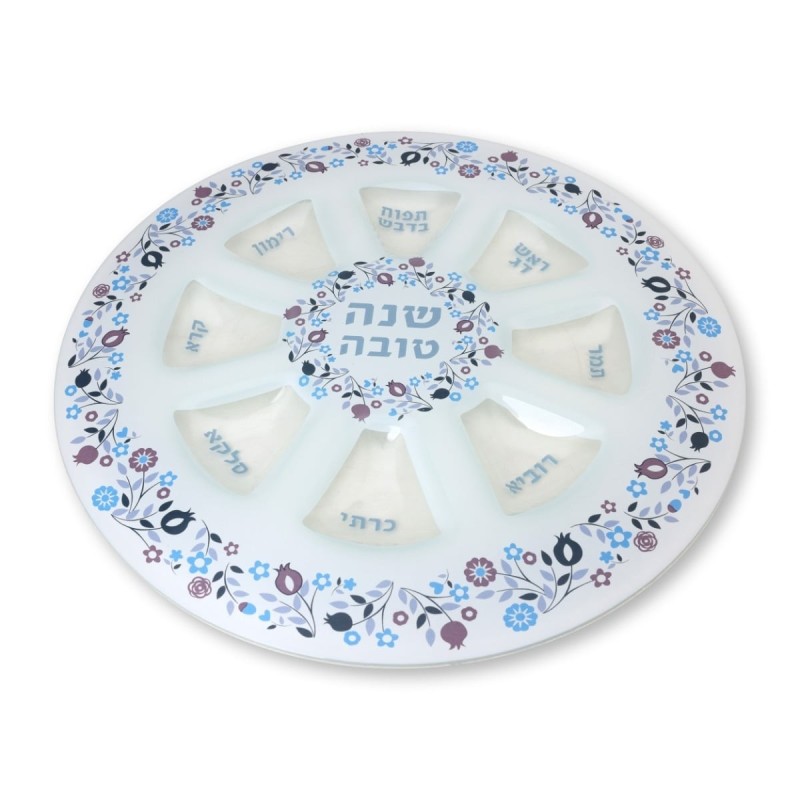 Glass Rosh Hashanah Seder Plate with Floral and Pomegranate Design