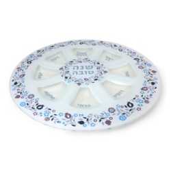 Glass Rosh Hashanah Seder Plate with Floral and Pomegranate Design