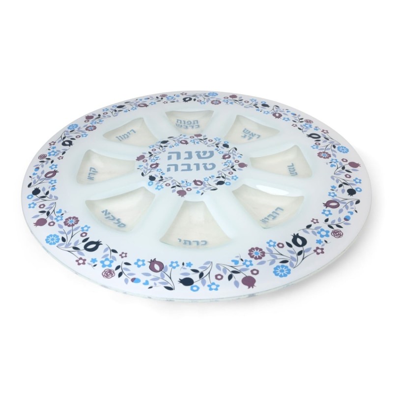 Glass Rosh Hashanah Seder Plate with Floral and Pomegranate Design