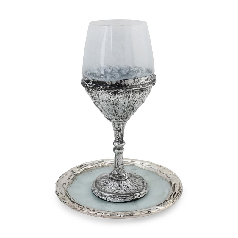 Handcrafted White Glass and Sterling Silver-Plated Kiddush Cup