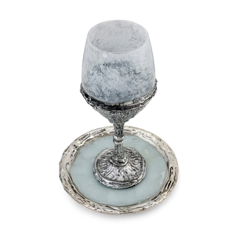 Handcrafted White Glass and Sterling Silver-Plated Kiddush Cup