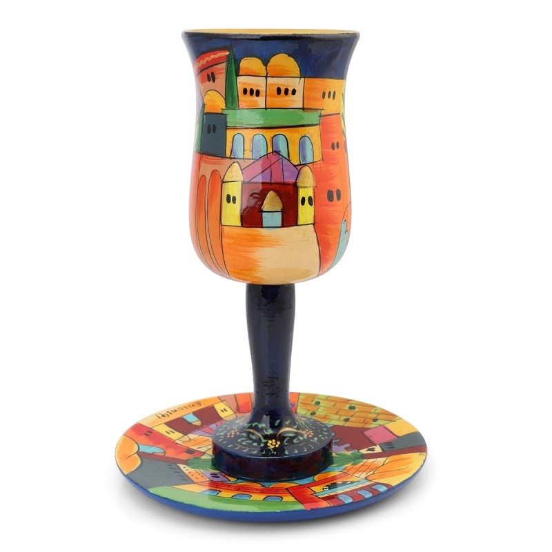 Yair Emanuel Large Hand-Painted Cup of Elijah With Jerusalem Design