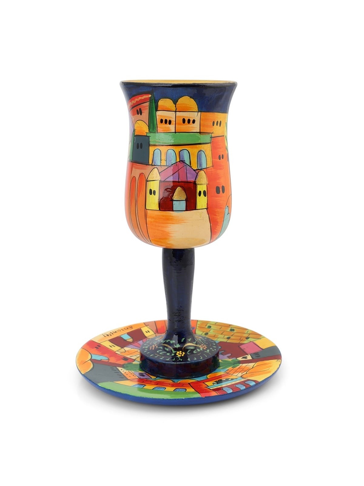 Yair Emanuel Large Hand-Painted Cup of Elijah With Jerusalem Design