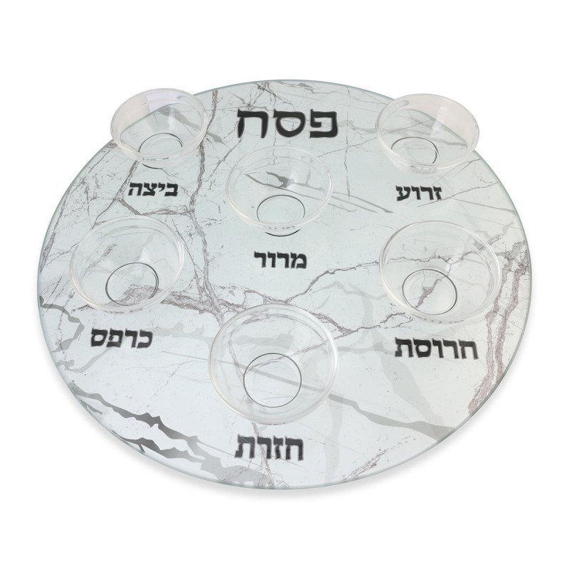 Light Marble Design Glass Passover Seder Plate - Raised Cups