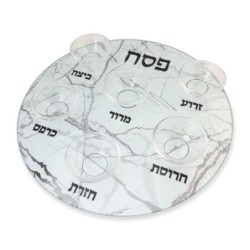 Light Marble Design Glass Passover Seder Plate - Raised Cups