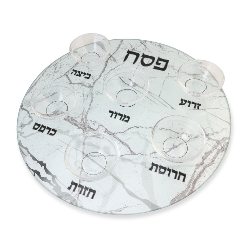 Light Marble Design Glass Passover Seder Plate - Raised Cups