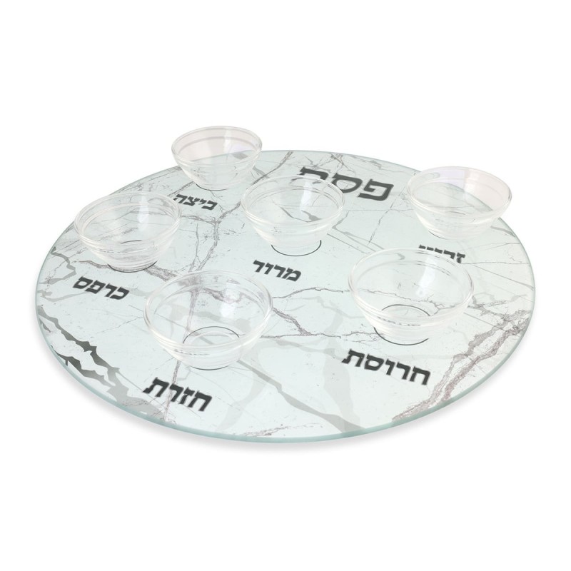 Light Marble Design Glass Passover Seder Plate - Raised Cups