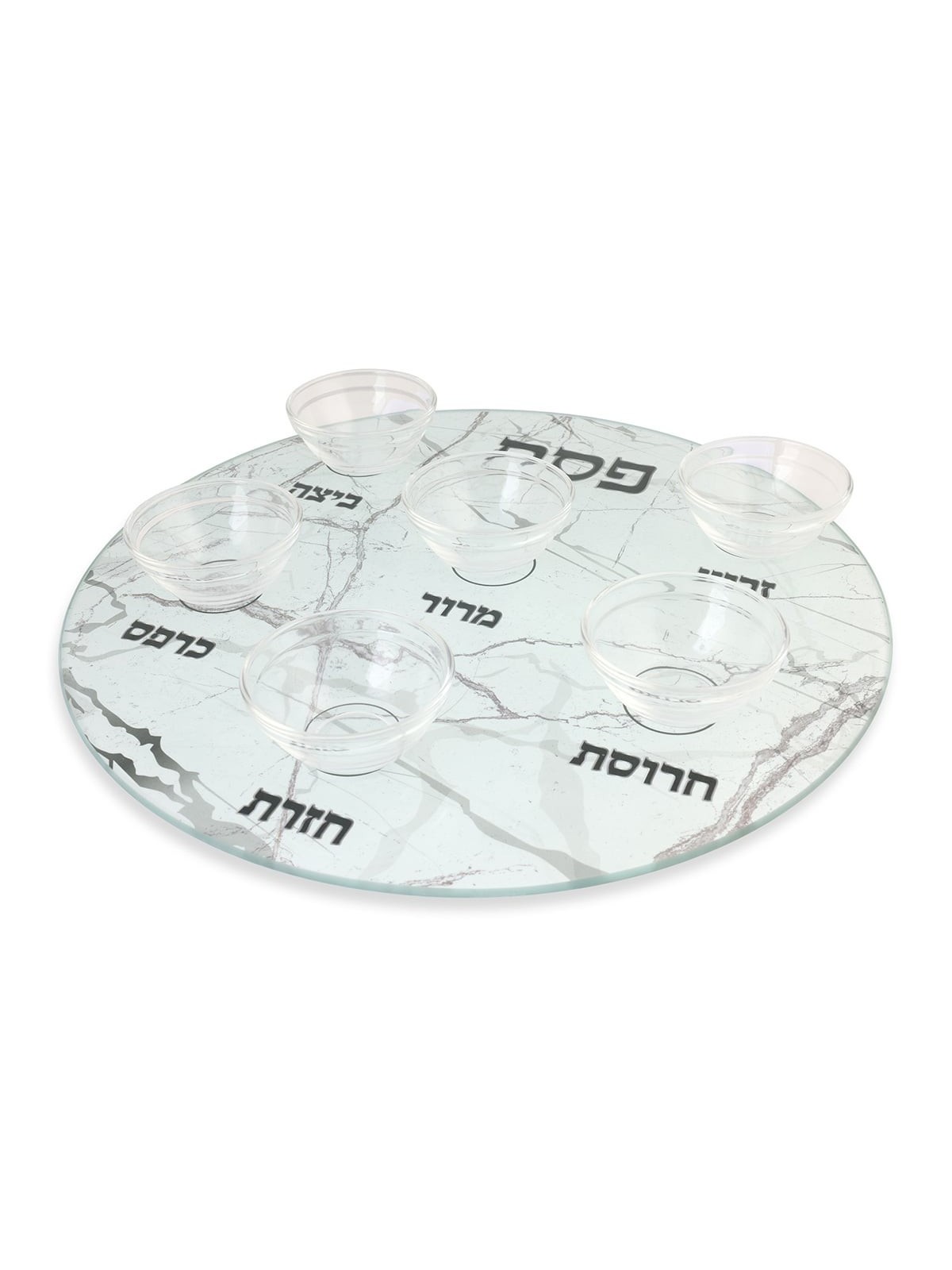 Light Marble Design Glass Passover Seder Plate - Raised Cups