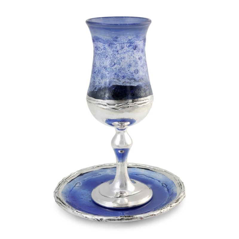 Handmade Blue Glass and Sterling Silver-Plated Kiddush Cup
