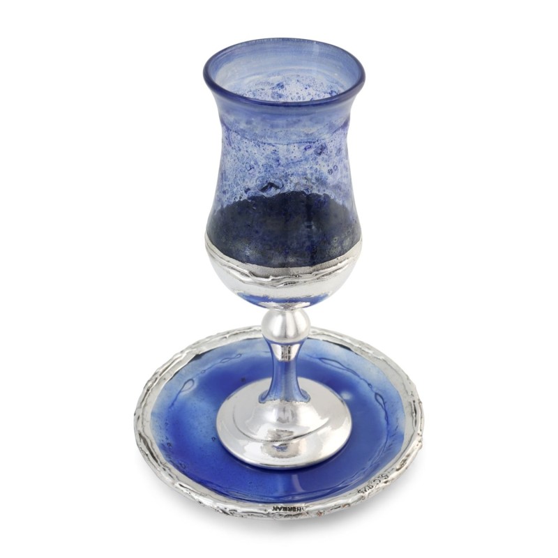 Handmade Blue Glass and Sterling Silver-Plated Kiddush Cup