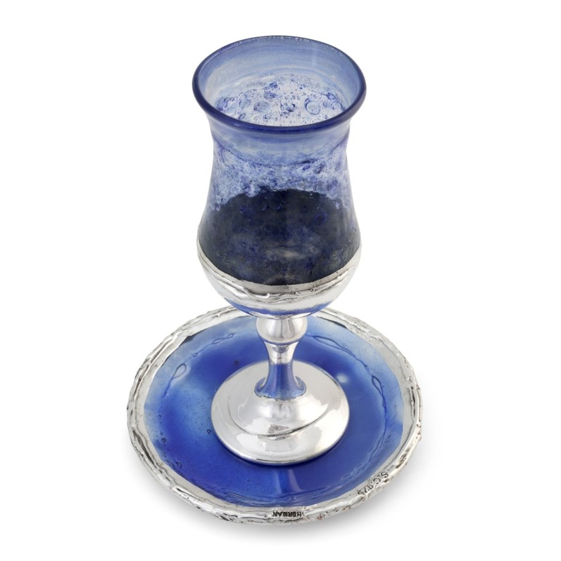 Handmade Blue Glass and Sterling Silver-Plated Kiddush Cup