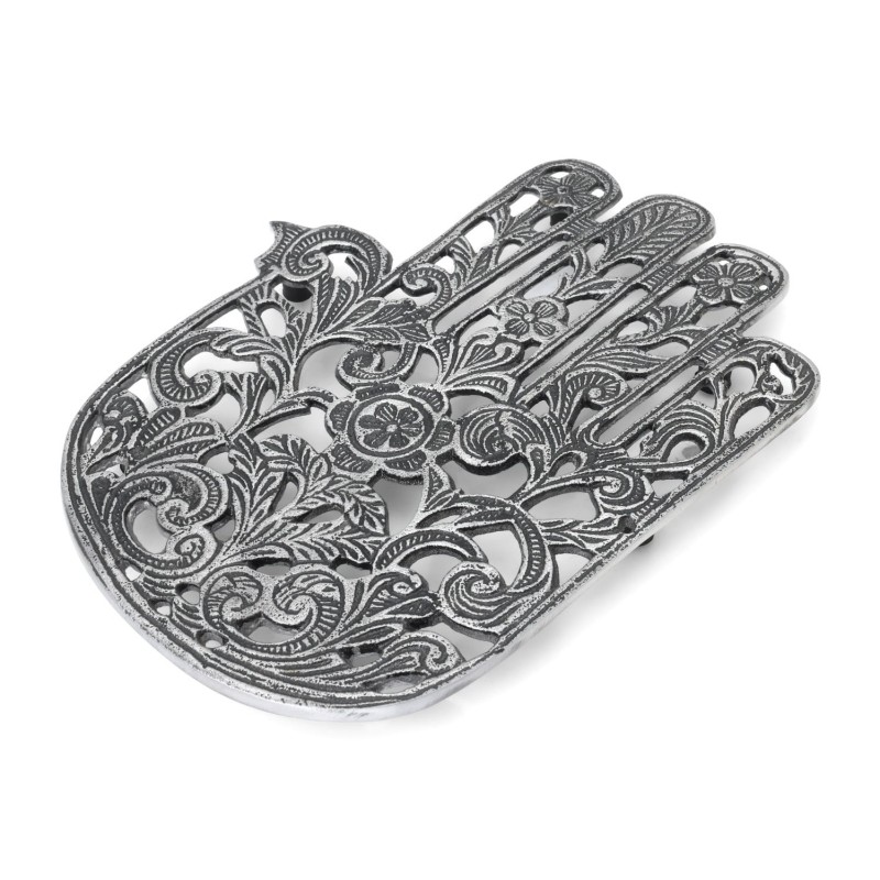 Ornate Filigree Hamsa: Yair Emanuel Aluminum Trivet (Flowers)
