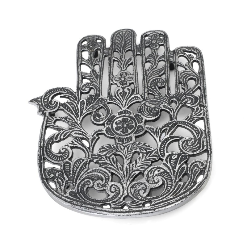 Ornate Filigree Hamsa: Yair Emanuel Aluminum Trivet (Flowers)