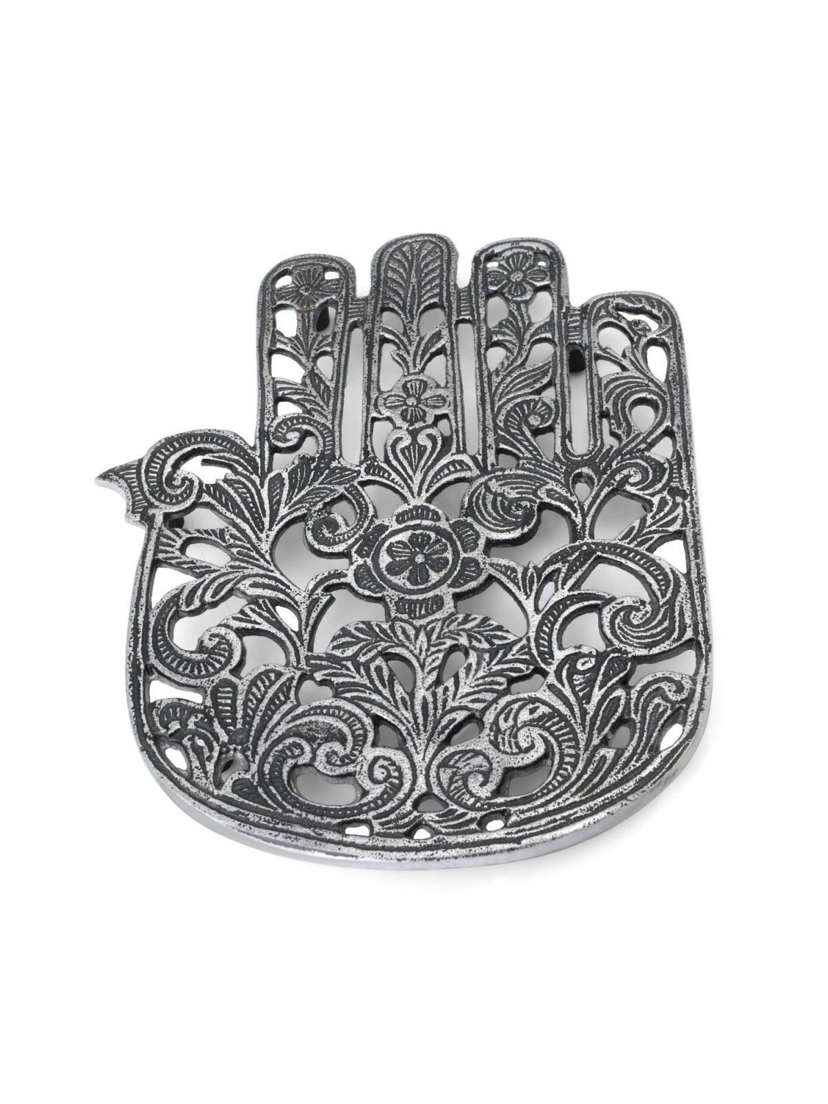 Ornate Filigree Hamsa: Yair Emanuel Aluminum Trivet (Flowers)