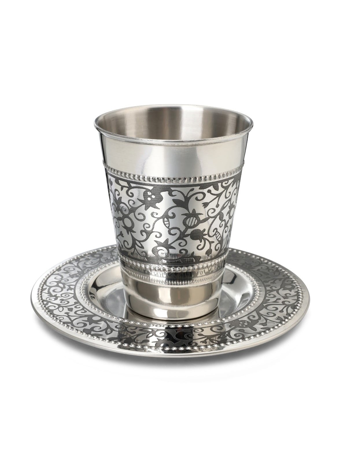 Yair Emanuel Floral Pomegranate Stainless Steel Kiddush Cup and Saucer