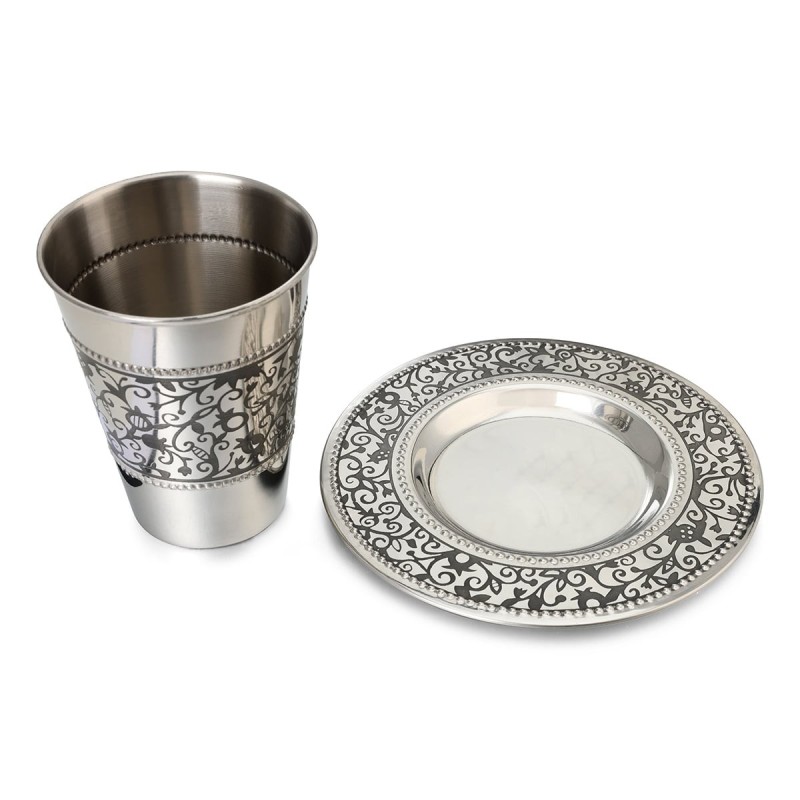 Yair Emanuel Floral Pomegranate Stainless Steel Kiddush Cup and Saucer