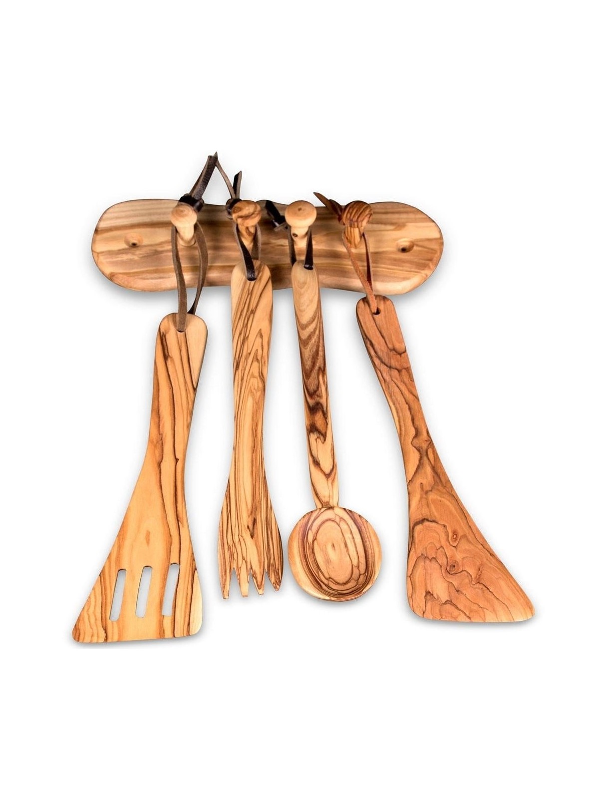 Olive Wood Kitchenware Set with Hanging Rack (5-Piece Set)