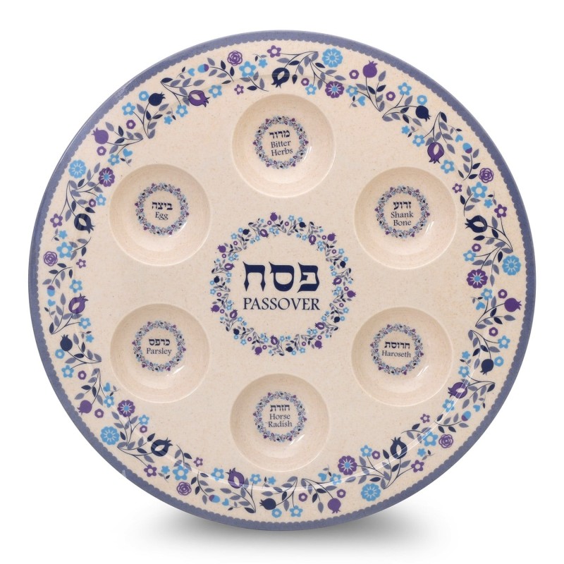 Floral Themed Passover Seder Plate & Matzah Tray Set - Blue and Purple