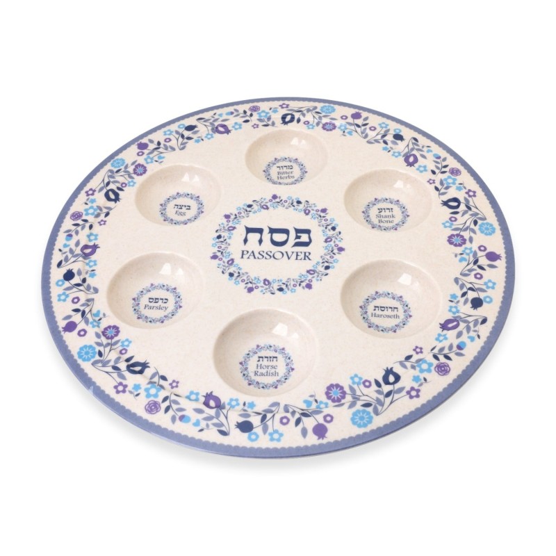 Floral Themed Passover Seder Plate & Matzah Tray Set - Blue and Purple