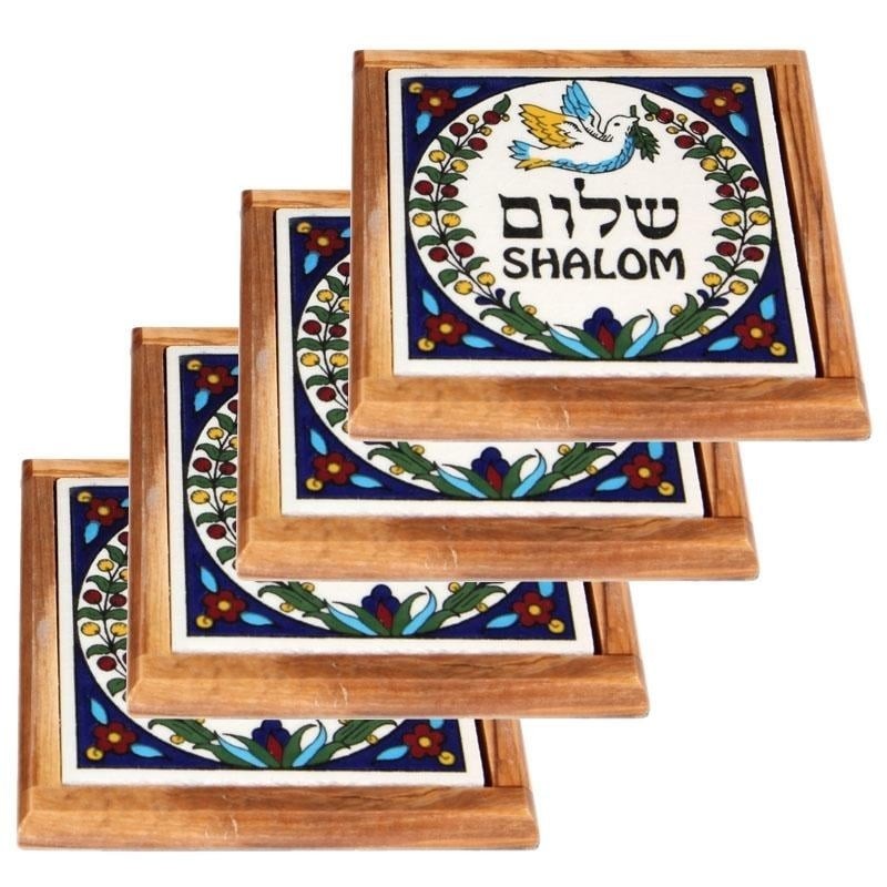 Set of 4 Olive Wood & Armenian Ceramic Coasters - Shalom