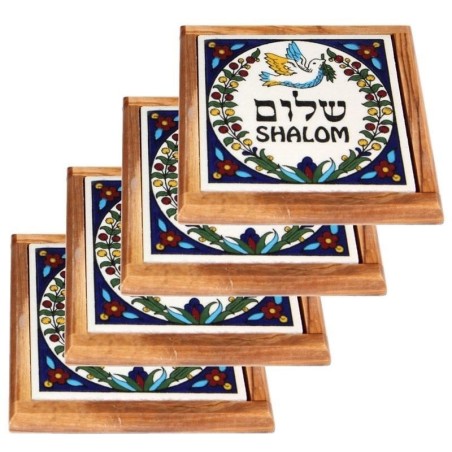 Set of 4 Olive Wood & Armenian Ceramic Coasters - Shalom