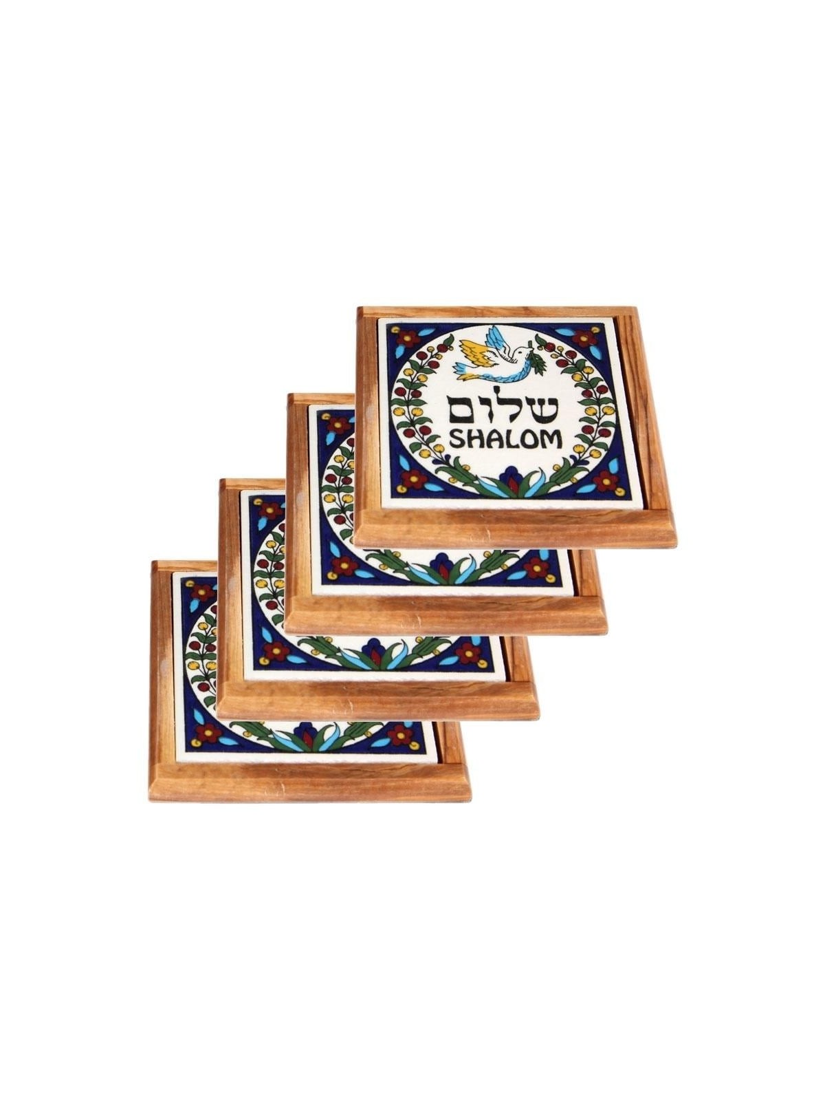 Set of 4 Olive Wood & Armenian Ceramic Coasters - Shalom